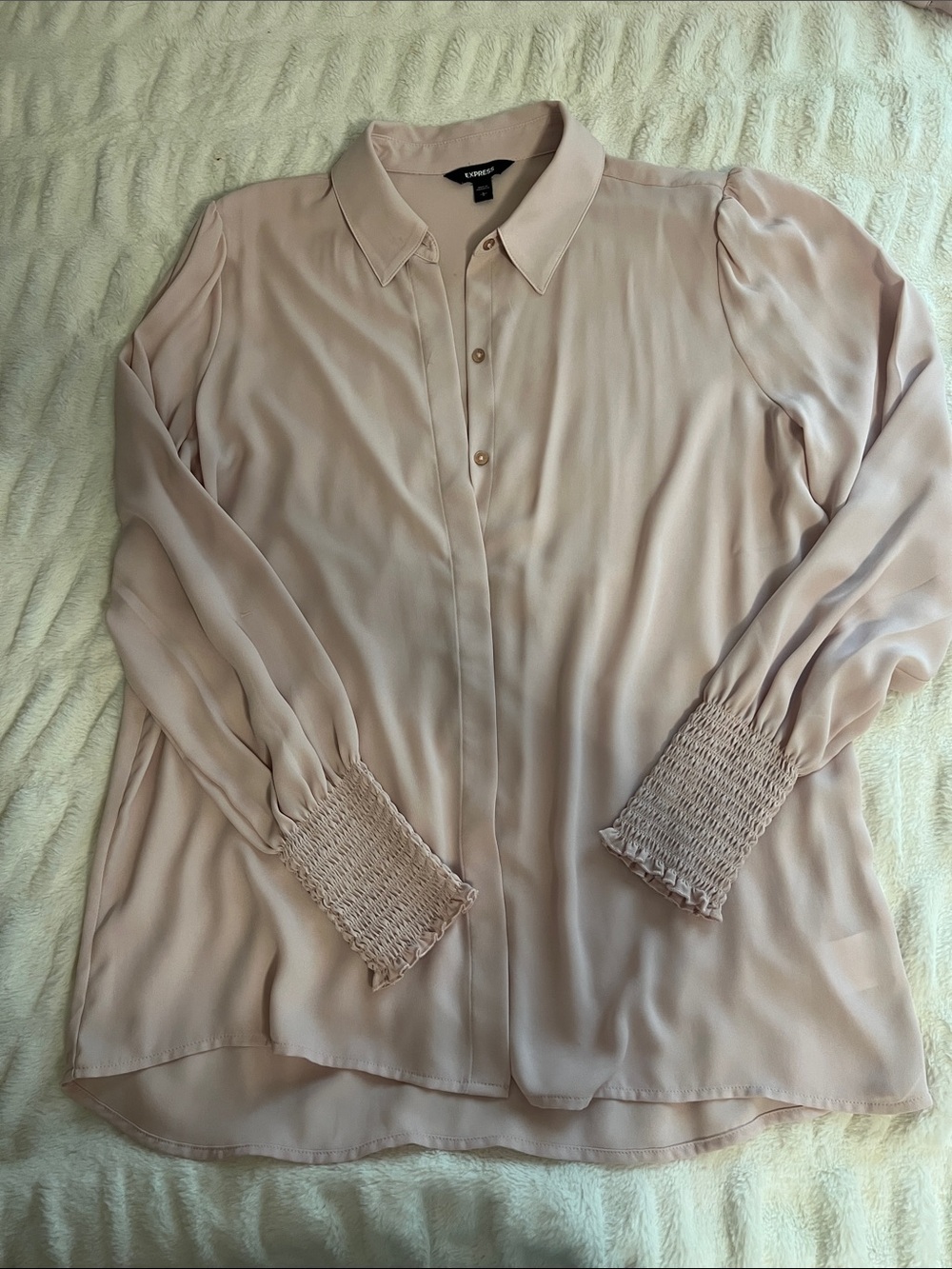 Express Blush Beige Button-Down Blouse with Smocked Cuffs
